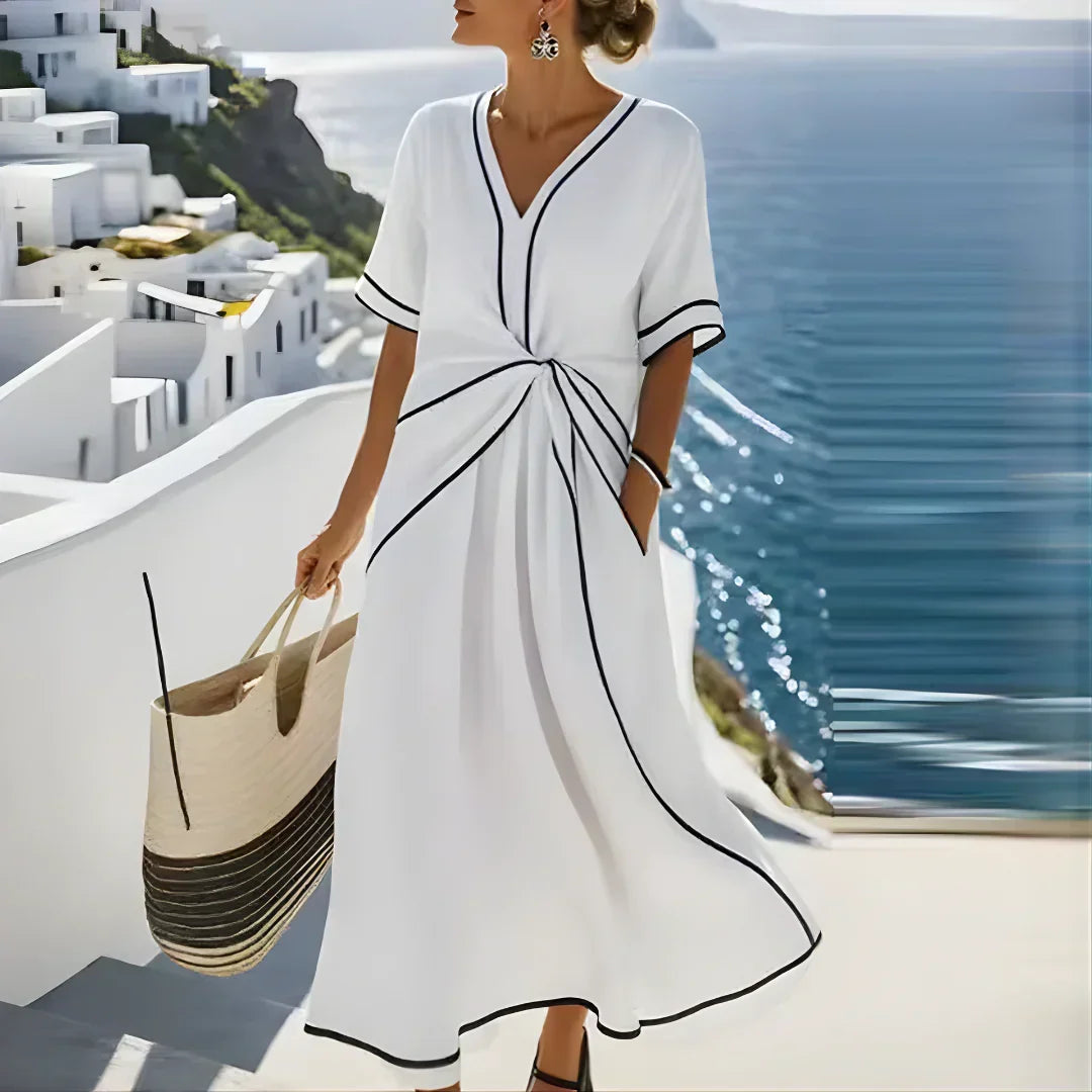 Aurora | V-Neck Maxi Dress with Twisted Waist and Contrast Trim