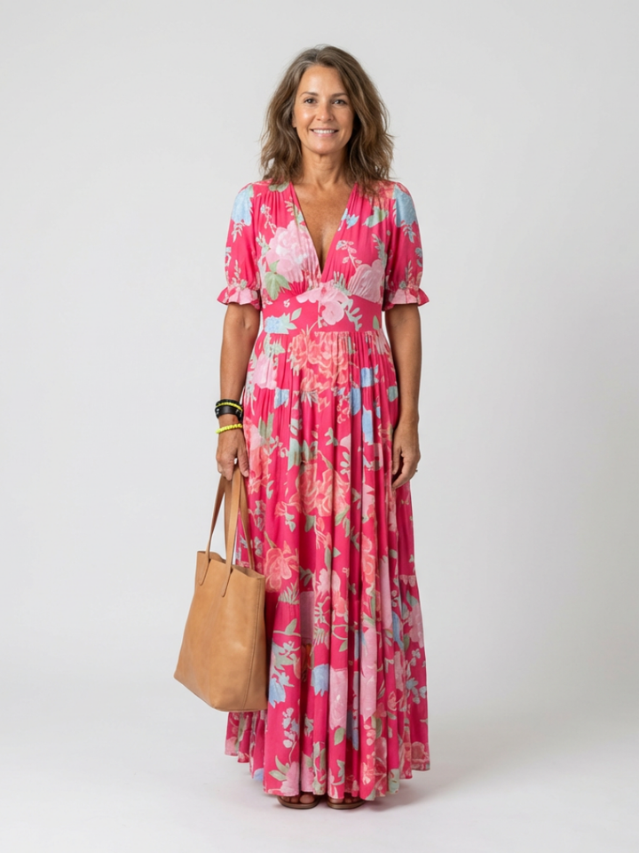 Ione | Short-Sleeve V-Neck Floral Midi Dress