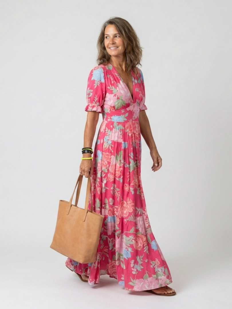 Ione | Short-Sleeve V-Neck Floral Midi Dress