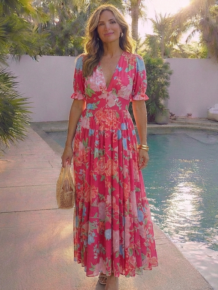 Ione | Short-Sleeve V-Neck Floral Midi Dress