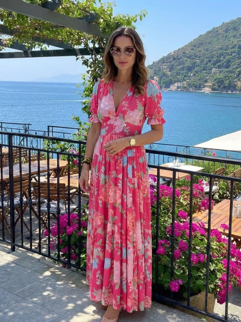 Ione | Short-Sleeve V-Neck Floral Midi Dress