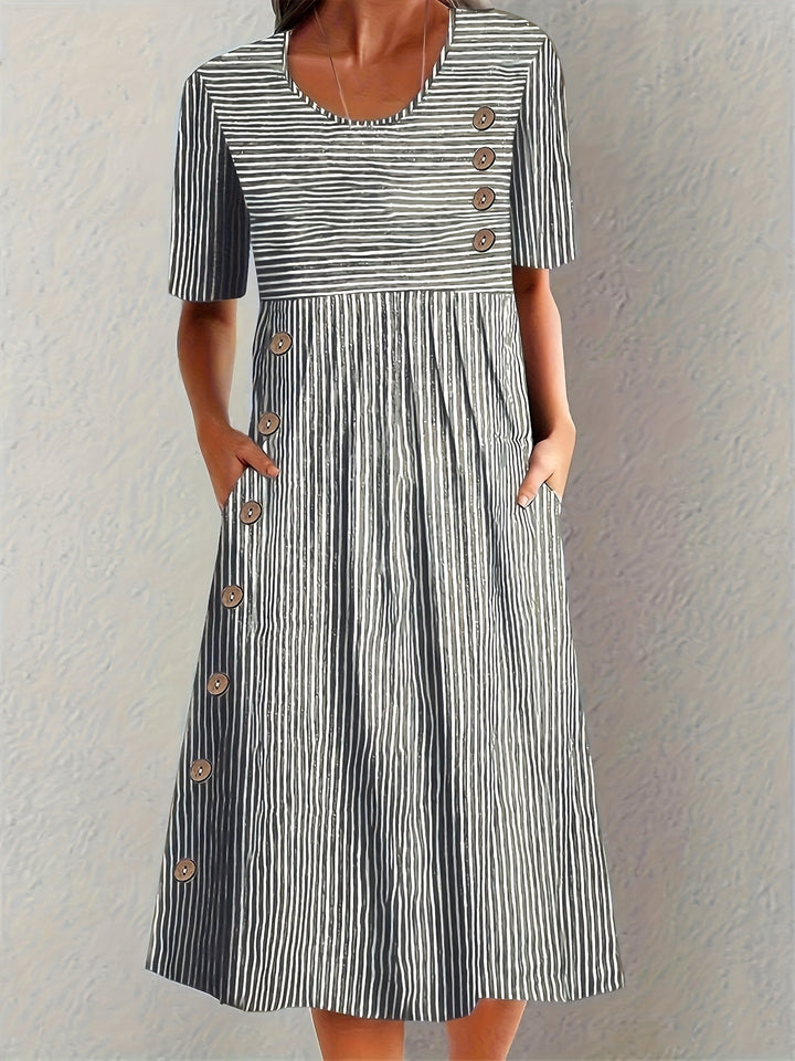 Hazel | Striped Midi Dress with Button Detail and Side Pockets